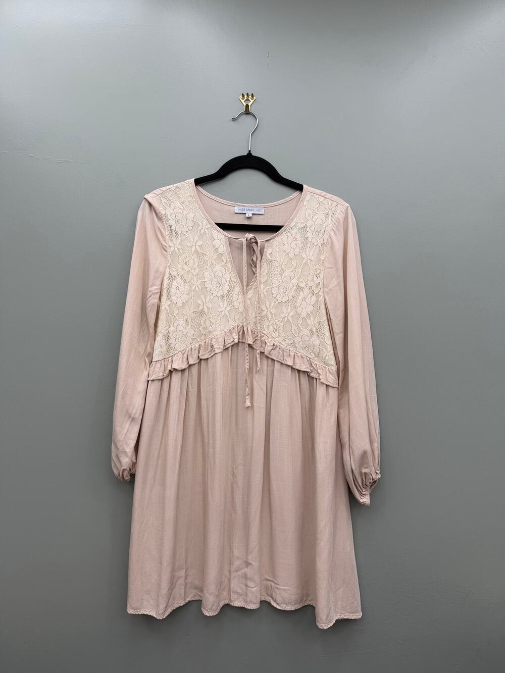 Miss Sparkling Lace Trim Babydoll Mini Dress Beige Boho Size S